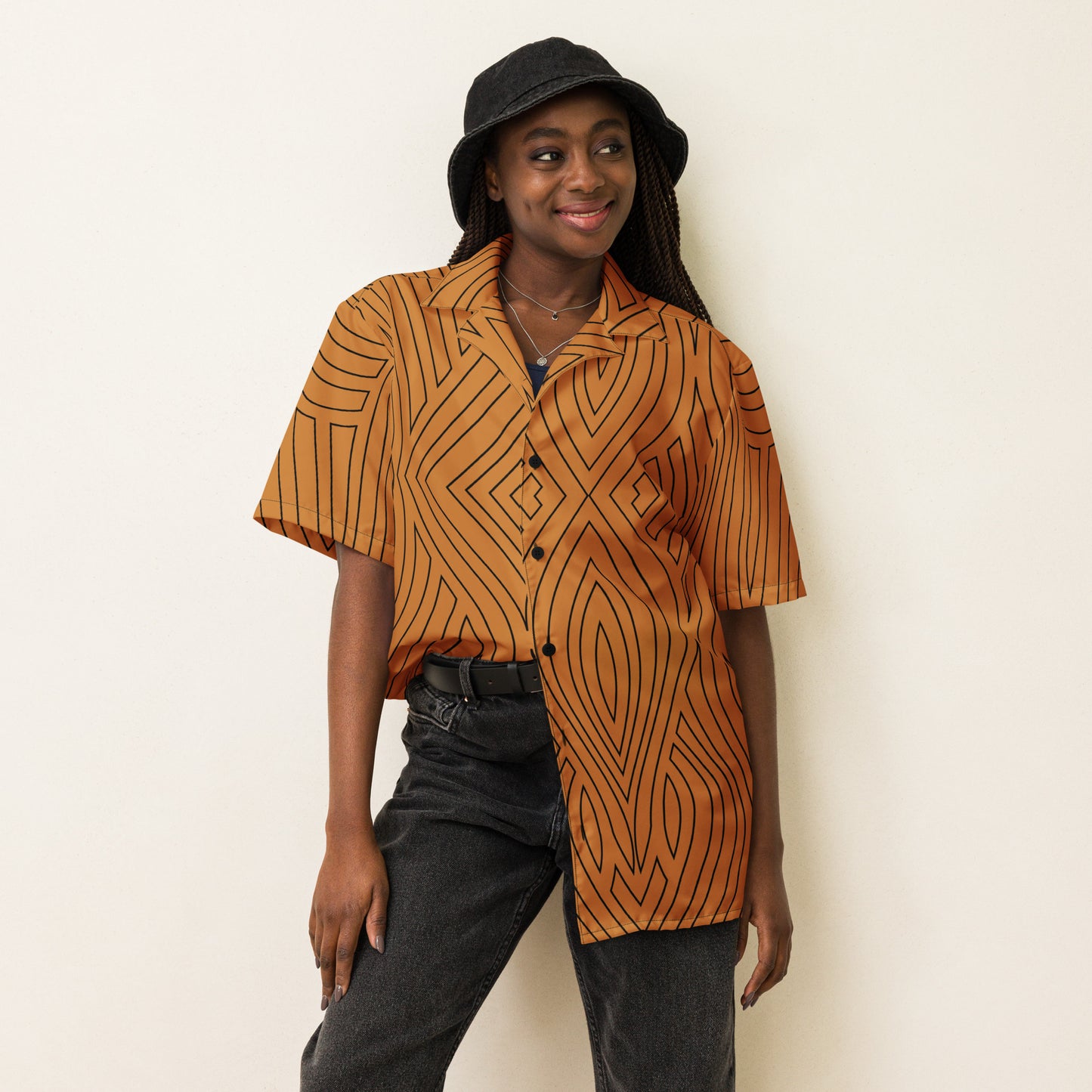 Black Unisex Abstract Button-Up Shirt